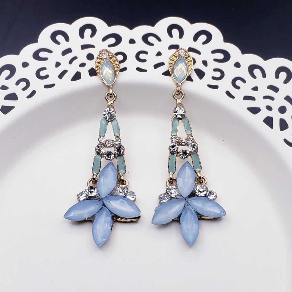 Crystal Floral Rhinestone Cluster Dangle Drop Earrings 3"
